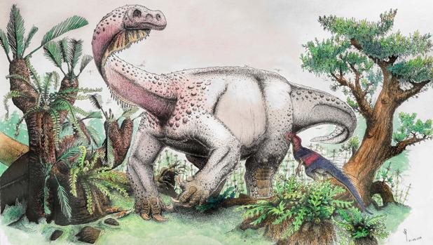 Recreación artística del gigantesco Ledumahadi mafube. En primer plano, otro dinosaurio sudafricano, Heterodontosaurus tucki