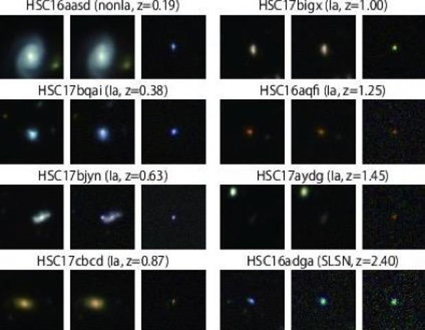 En la imagen, algunas de las supernovas descubiertas en este estudio. Hay tres imágenes por cada supernova, antes, durantew y después de cada explosión