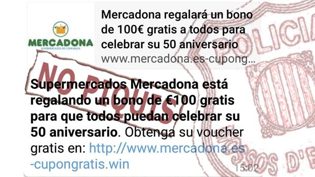 Imagen de la advertencia de los Mossos d'Esquadra sobre la estafa que afecta a Mercadona
