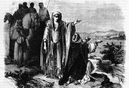 Grabado de la novela Los Monfíes de las Alpujarras (1859) de Manuel Fernández y González que muestra al rey Boabdil junto a su madre contemplando Granada tras la derrota.