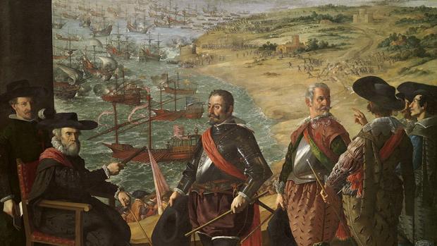 Cuadro de Zurbarán en el que aparece representado Fernando Girón, gobernador de Cádiz, dando instrucciones a sus subordinados para organizar la defensa de la ciudad, amenazada por la escuadra inglesa que aparece al fondo, en 1625