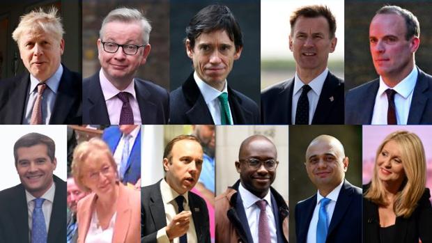 De izquierda a derecha, en la fila superior: Boris Johnson, Michael Gove, Rory Stewart, Jeremy Hunt y Dominic Raab. En la fila de abajo: Mark Harper, Andrea Leadsom, Matt Hancock, Sam Gyimah, Sajid Javid y Eshter McVey