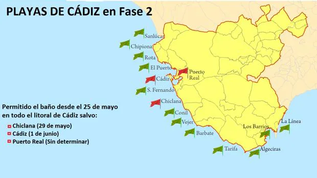 mapa playas cadiz FASE 2 DESESCALADA: Playas de Cádiz: Sólo tres de los 16 