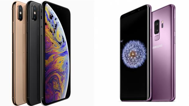El iPhone XS, a la izquierda; a su derecha, el Galaxy S9+